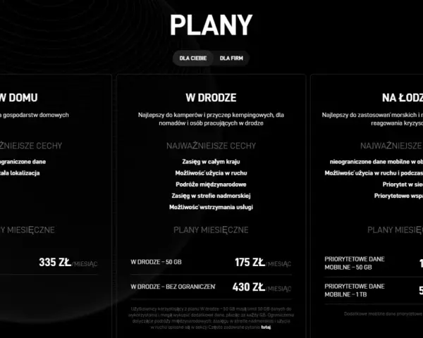 Porównanie planów Starlink: "W domu" za 335 zł, "W drodze" od 175 zł, "Na łodzi" od 1384 zł. Sprawdź, ile kosztuje Starlink dla Ciebie.