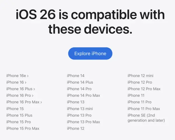 Lista urządzeń kompatybilnych z iOS 26, od iPhone'a 16e do iPhone'a SE (2. generacji).