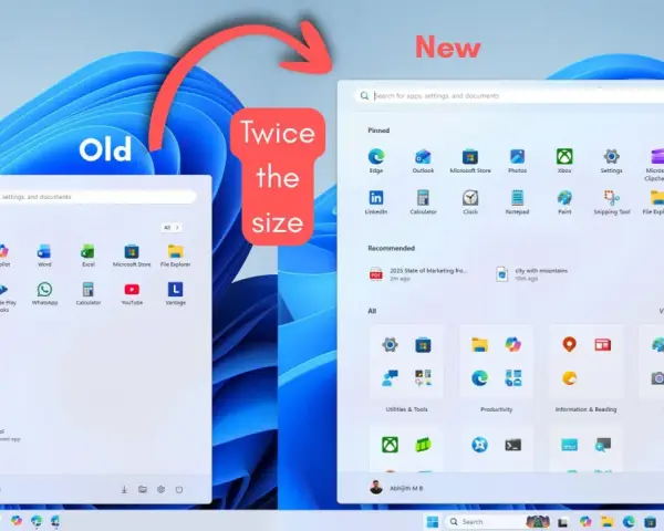 Porównanie menu startowego Windows 11: stare, mniejsze, z ikonami aplikacji i polem wyszukiwania, kontra nowe, dwa razy większe, z większą liczbą opcji i rekomendacjami.