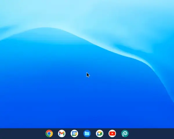Pulpit systemu Chrome OS z niebieską tapetą i paskiem zadań z ikonami aplikacji.