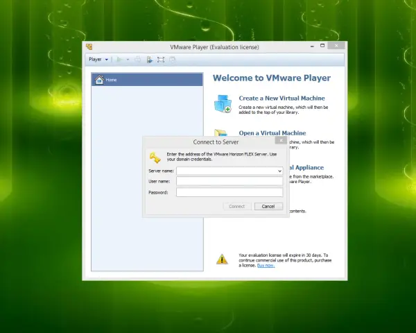 Okno programu VMware Player z prośbą o podanie danych logowania do serwera.