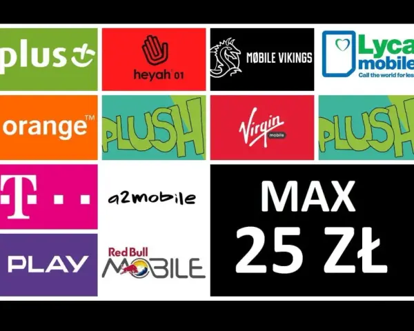 T-Mobile na kartę za 25 zł. Obok loga T-Mobile widnieją inne marki: Plus, Heyah, Mobile Vikings, Lyca mobile, Orange, Plush, Virgin mobile, a2mobile, Play, Red Bull Mobile.