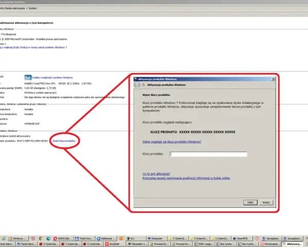 Okno aktywacji produktu Windows 7 z polem do wpisania klucza produktu.