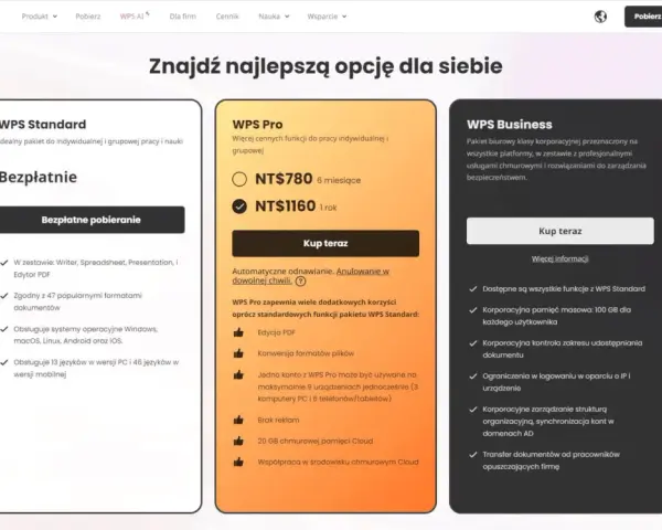 Wybierz pakiet WPS: Standard (bezpłatny), Pro (więcej funkcji) lub Business (korporacyjny). Znajdź idealne rozwiązanie dla siebie.
