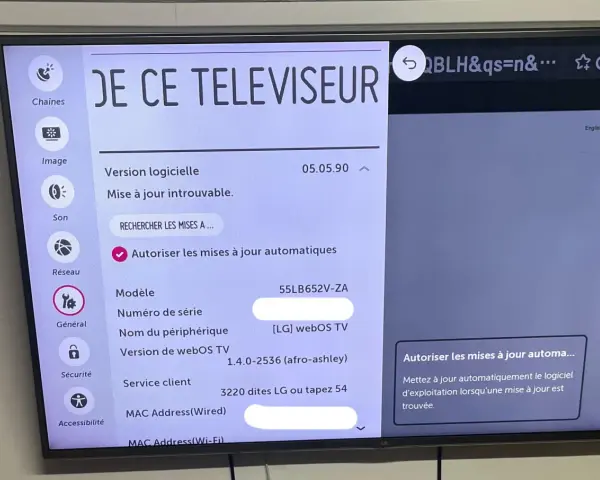 Ekran telewizora LG z menu ustawień, widoczne opcje: Sieć, Ogólne, Bezpieczeństwo.