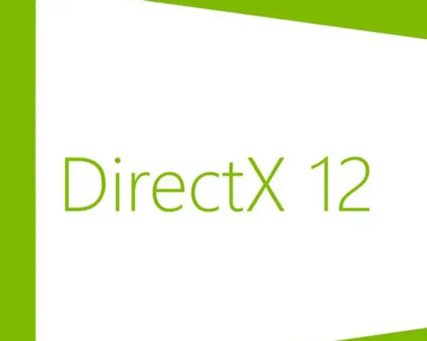 Zielony prostokąt z białym polem i napisem DirectX 12. Nowoczesna grafika, która zapowiada lepszą wydajność w grach.