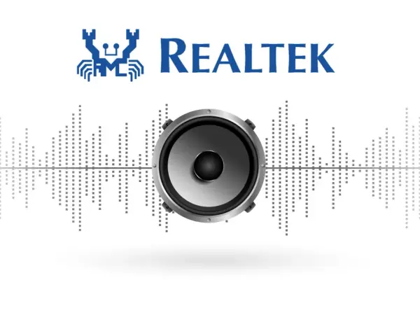 Logo Realtek z głośnikiem i wykresem dźwiękowym. Sterowanie dźwiękiem Realtek.