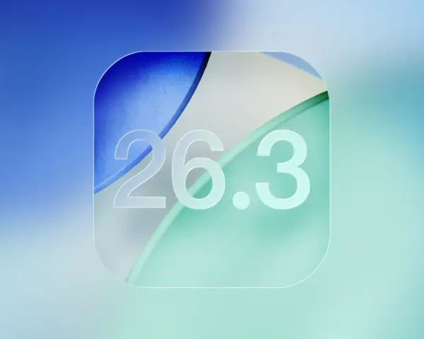 Abstrakcyjny wzór z cyframi 26.3, przypominający ikonę aplikacji na iOS 26.3.