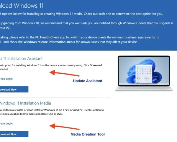 Strona pobierania Windows 11. Dostępne opcje to Asystent Instalacji i Narzędzie do tworzenia nośnika, ułatwiające aktualizację systemu.