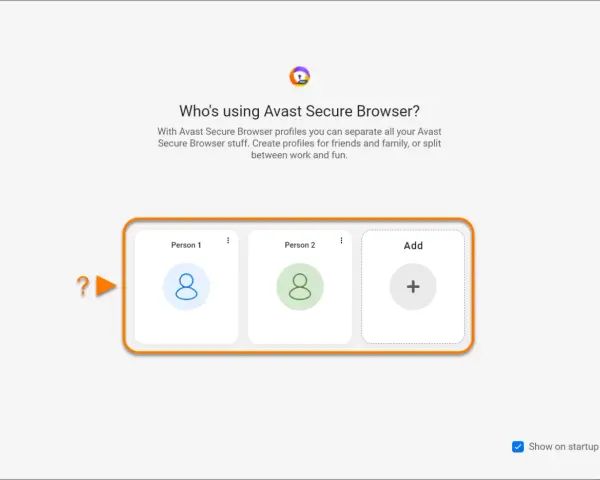 Avast Secure Browser pozwala tworzyć profile dla każdego użytkownika, np. dla rodziny. Widoczne profile: Osoba 1, Osoba 2 i opcja dodania nowego.