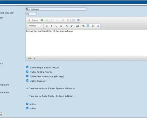 Tworzenie nowego projektu w TestLink. Wpisano nazwę "New web app", prefiks "TC" i opis testowania funkcjonalności.