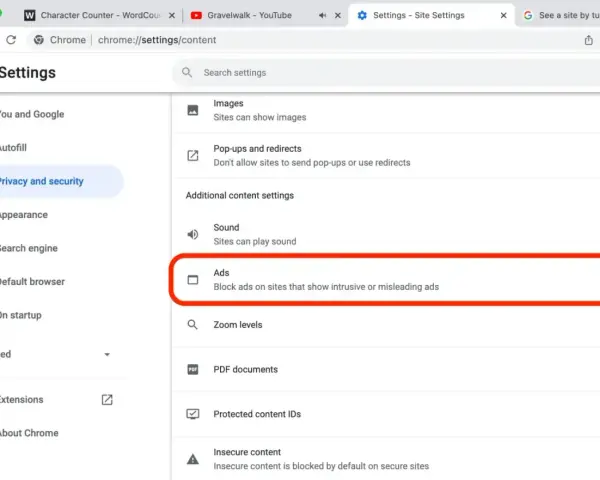 Ustawienia Chrome: sekcja "Reklamy" pozwala zarządzać tym, jak strony wyświetlają reklamy. Dowiedz się, jak wyłączyć adblocka, jeśli jest to potrzebne.