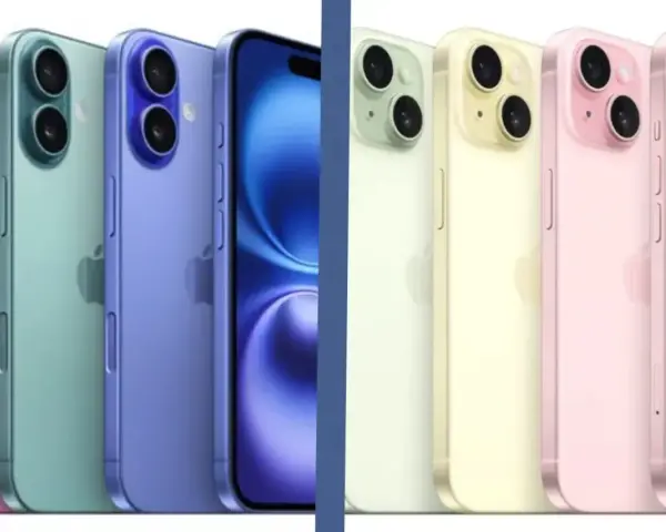 Rząd kolorowych iPhone'ów, od różowego po niebieski, z widocznym interfejsem iOS 15 na ekranie jednego z nich.