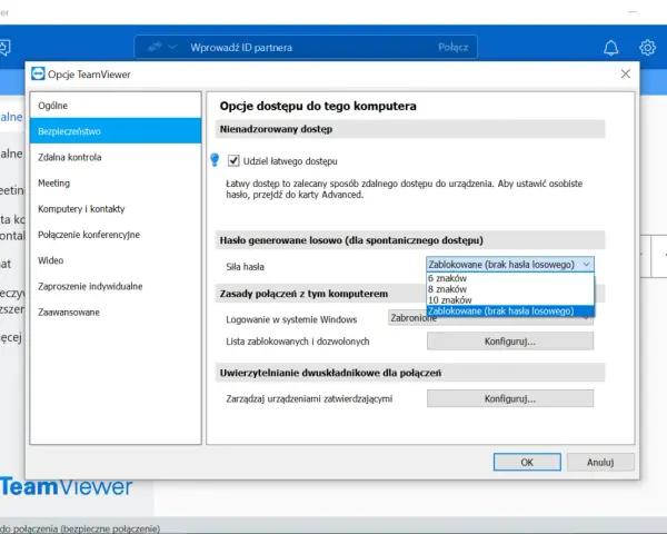 Ustawienia TeamViewer: opcje bezpieczeństwa, hasło generowane losowo, zasady połączeń.