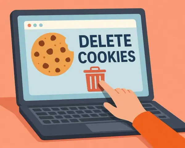 Ręka klika ikonę kosza na śmieci na ekranie laptopa z napisem "DELETE COOKIES" i ciasteczkiem. Dowiedz się, jak usunąć pliki cookies.