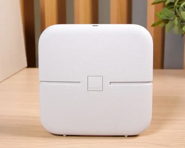 Biały router funbox 7 Orange, z logo operatora, stoi na drewnianym biurku obok książek i rośliny.