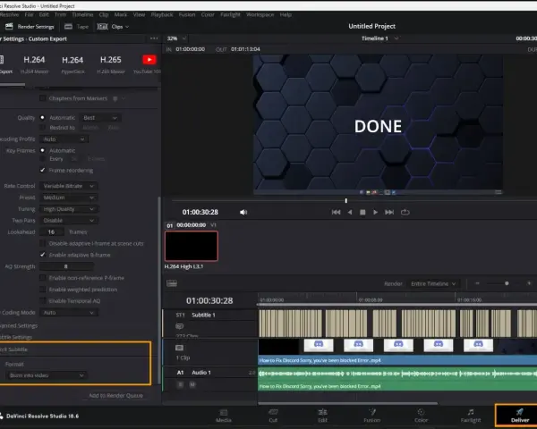 Ustawienia eksportu w DaVinci Resolve po polsku: zaznaczono opcję "Export Subtitle" i format "Burn into video".