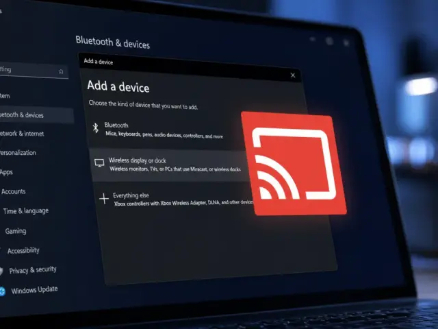 Ustawienia Windows 11: dodawanie urządzenia bezprzewodowego, np. przez Miracast.