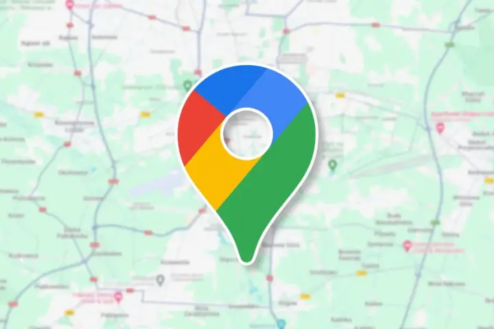 Ikona Google Maps na tle mapy. To narzędzie, które pozwala śledzić google maps historia podróży i odkrywać nowe miejsca.