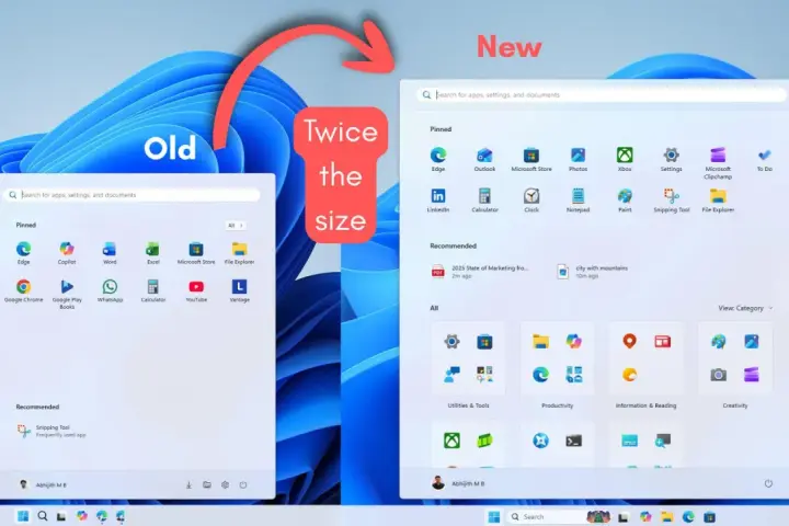 Porównanie menu startowego Windows 11: stare, mniejsze, z ikonami aplikacji i polem wyszukiwania, kontra nowe, dwa razy większe, z większą liczbą opcji i rekomendacjami.