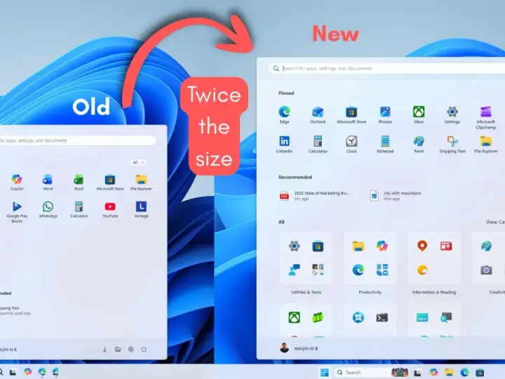 Porównanie menu startowego Windows 11: stare, mniejsze, z ikonami aplikacji i polem wyszukiwania, kontra nowe, dwa razy większe, z większą liczbą opcji i rekomendacjami.