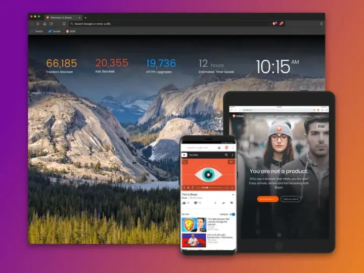Przeglądarka Brave na ekranie komputera, telefonu i tabletu. Widoczne statystyki blokowania trackerów i reklam.