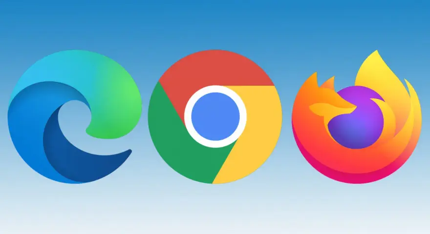 Trzy ikony przeglądarek: Edge, Chrome i Firefox. Każdy **explorer** oferuje unikalną podróż po internecie.