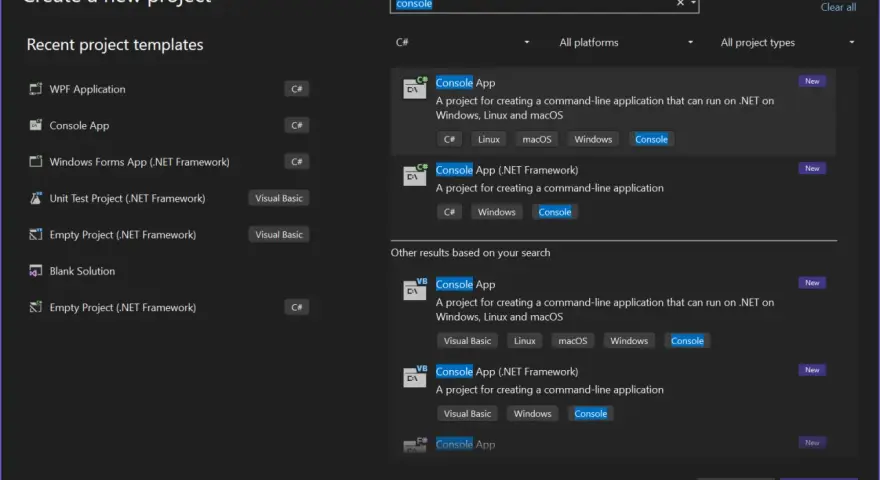 Wybieranie szablonu "Console App" w **Visual Studio** do tworzenia aplikacji konsolowej.