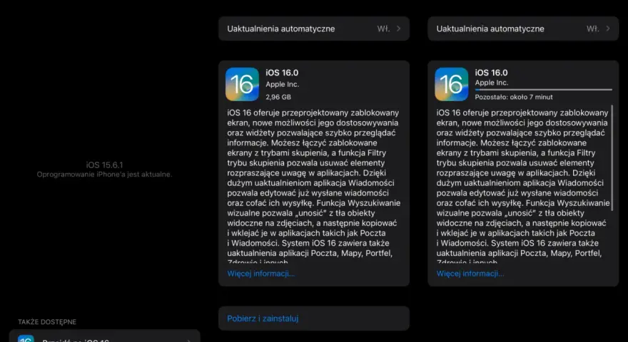 Ekran aktualizacji iPhone'a z informacją o dostępności iOS 16, który oferuje przeprojektowany ekran blokady i nowe funkcje.