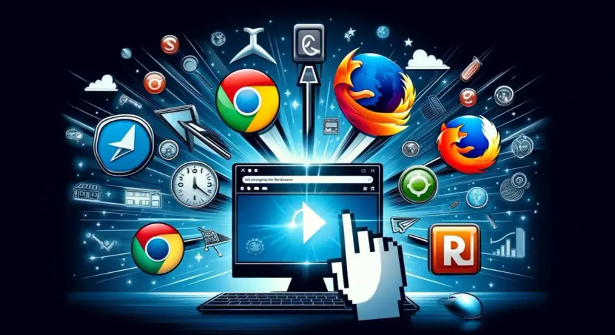 Ikony przeglądarek internetowych (Chrome, Firefox) i komputer z kursorem myszy na tle sieci.