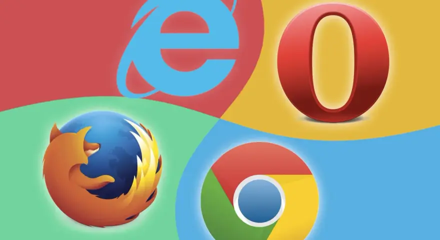 Loga przeglądarek internetowych: Firefox, Internet Explorer, Opera, Chrome. Lista popularnych przeglądarek.