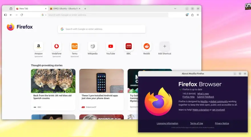 Okno przeglądarki Firefox ESR z informacją o aktualnej wersji. Widoczne zakładki, ikony ulubionych stron i artykuły.