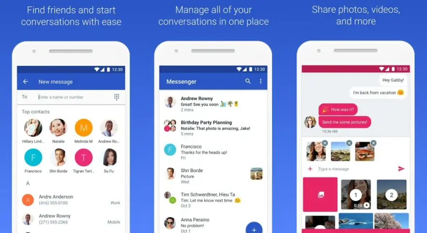 Ekran aplikacji do obsługi wiadomości Google SMS. Widok listy kontaktów, listy konwersacji i okna czatu z możliwością wysyłania zdjęć.