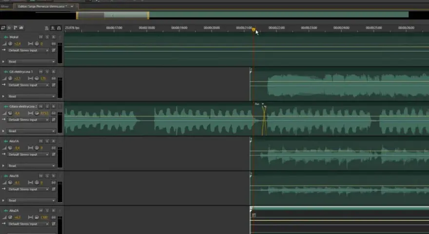 Edycja ścieżek w Adobe Audition: wokal, gitary i inne instrumenty. Widok multitrack.