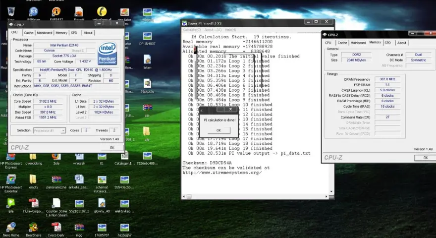 Super Pi test zakończony, CPU-Z pokazuje szczegóły procesora Intel Pentium E2140.