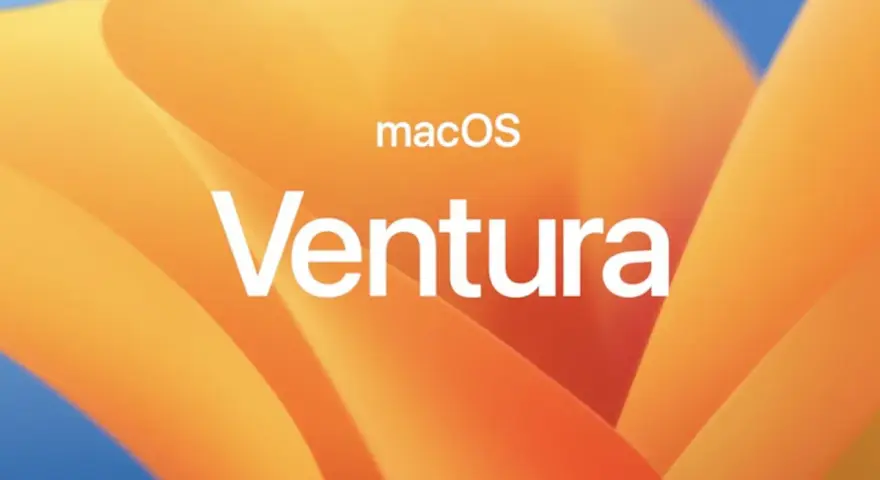 Logo macOS Ventura na pomarańczowym tle z falistymi kształtami.