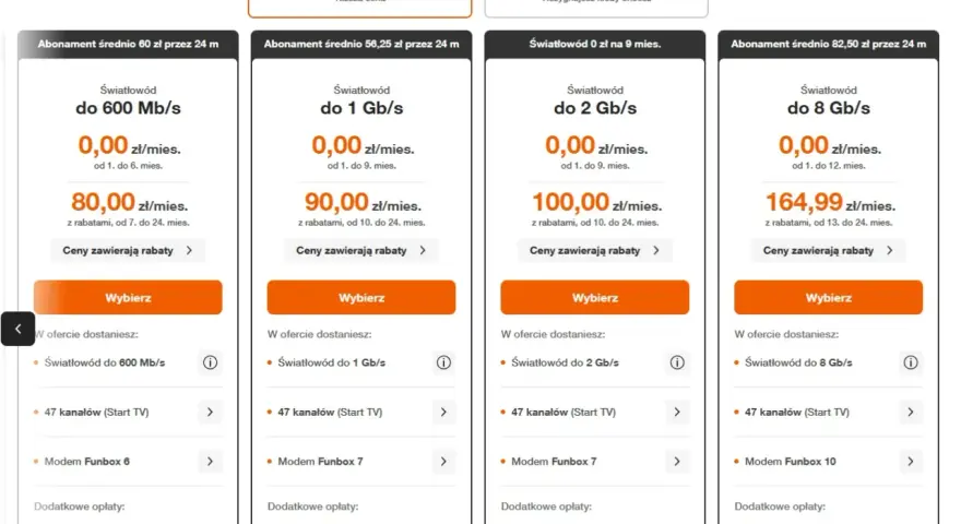 Porównanie ofert światłowodu: 600 Mb/s za 0 zł przez 6 mies., 1 Gb/s za 0 zł przez 9 mies., 2 Gb/s za 0 zł przez 9 mies., 8 Gb/s za 0 zł przez 12 mies. Sprawdź cenę światłowodu!