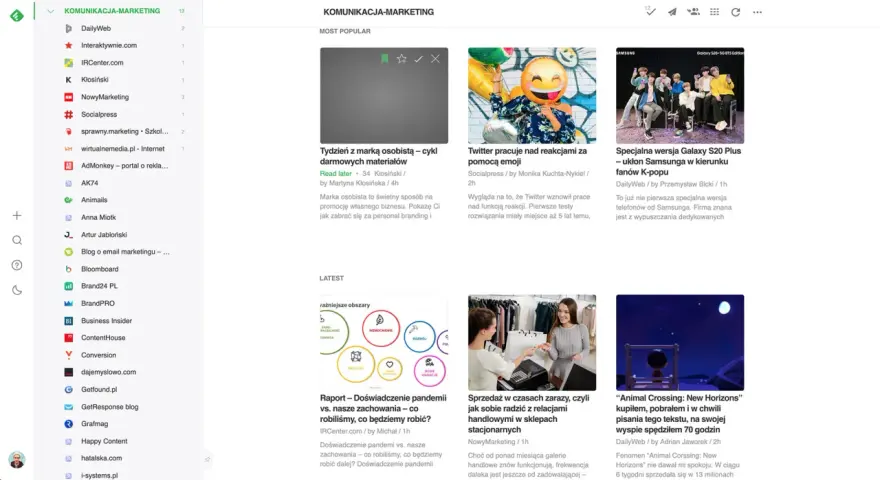 Ulubione strony: artykuły o marketingu, technologii i grach.