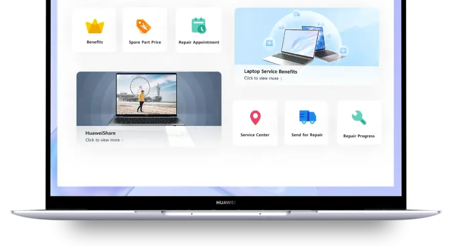 Interfejs Huawei PC Manager z opcjami: korzyści, ceny części, wizyta serwisowa, udostępnianie plików, centrum serwisowe, wysyłka do naprawy i postęp naprawy.
