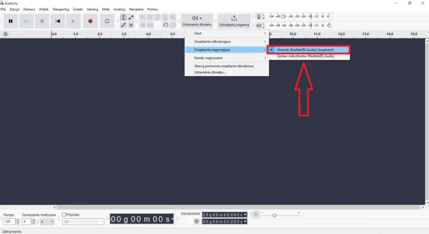 Audacity po polsku: wybór urządzenia nagrywającego, zaznaczone "Głośniki (Realtek(R) Audio) (loopback)".