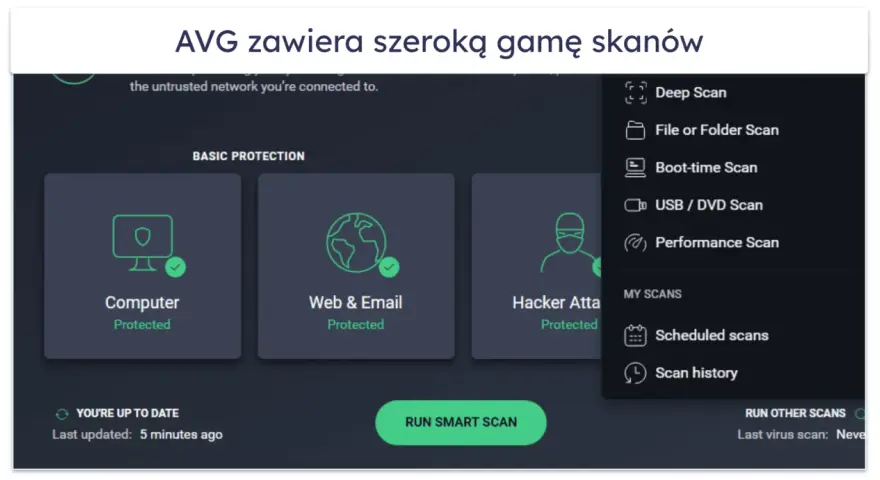 Interfejs programu AVG Antivirus Free oferuje różne opcje skanowania, w tym skanowanie komputera, sieci i poczty.