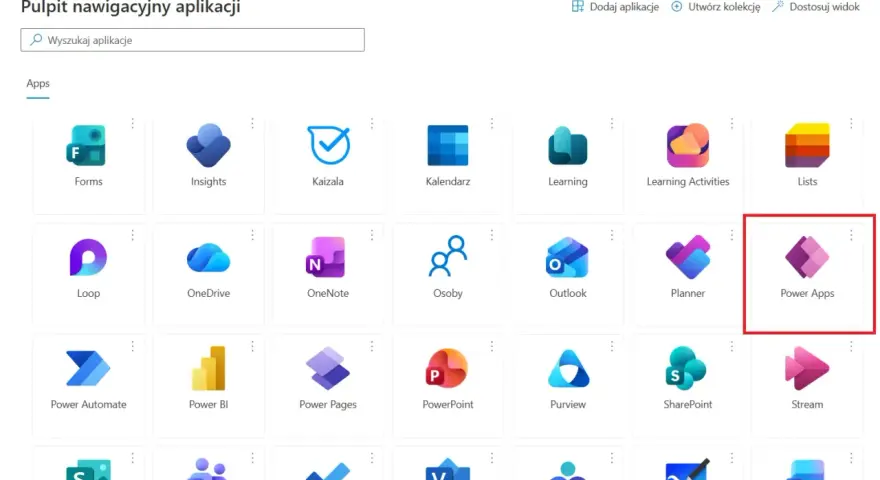 Widok pulpitu nawigacyjnego aplikacji, gdzie wyróżniono ikonę Power Apps.
