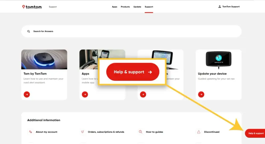 Strona wsparcia TomTom. Kliknij "Help & support", aby uzyskać pomoc.