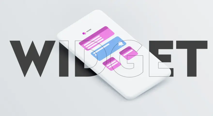 Duże litery "WIDŻET" otaczają biały smartfon z kolorowymi powiadomieniami.