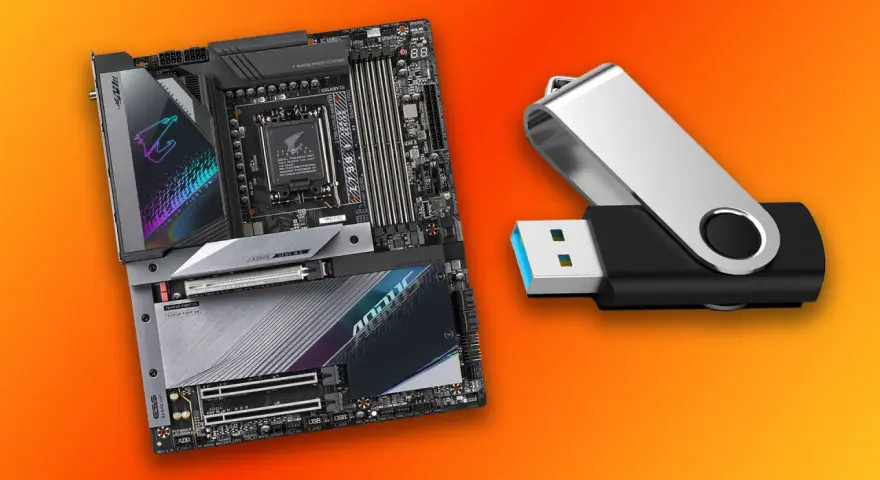 Płyta główna AORUS i pendrive gotowe do aktualizacji BIOS.