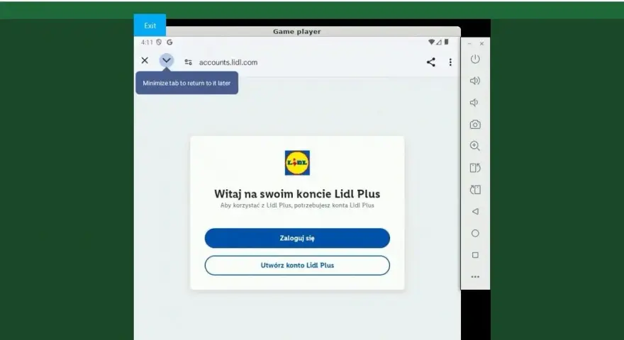 Ekran logowania do aplikacji Lidl Plus. Możesz się zalogować lub utworzyć nowe konto.