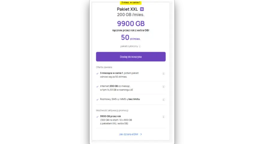 Pakiet XXL Play: 200 GB miesięcznie, 9900 GB przez rok. Promocja 3 miesiące w cenie 1, potem 50 zł/mies.