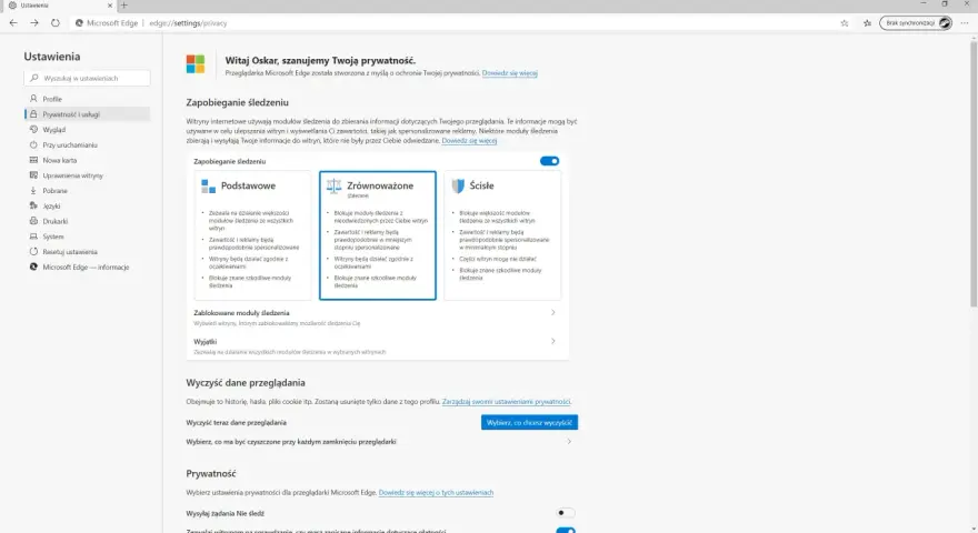 Ustawienia prywatności w przeglądarce Microsoft Edge: blokowanie śledzenia, czyszczenie danych i zarządzanie prywatnością.