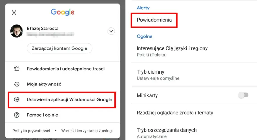 Ekran ustawień aplikacji Wiadomości Google. Aby wyłączyć wiadomości Google, wybierz "Powiadomienia".