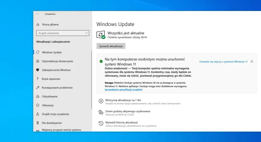 Komputer spełnia wymagania Windows 11. Sprawdzanie aktualizacji systemu i jego specyfikacji.